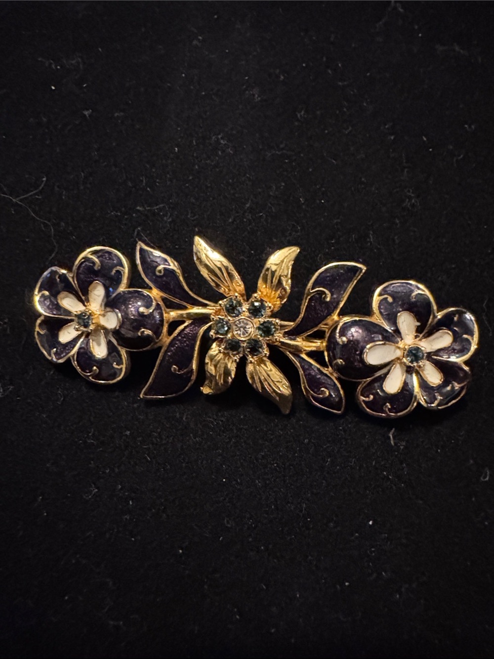 Vintage Joan Rivers Gold Floral Enamel Bar Pin - Purple & White Flower Brooch